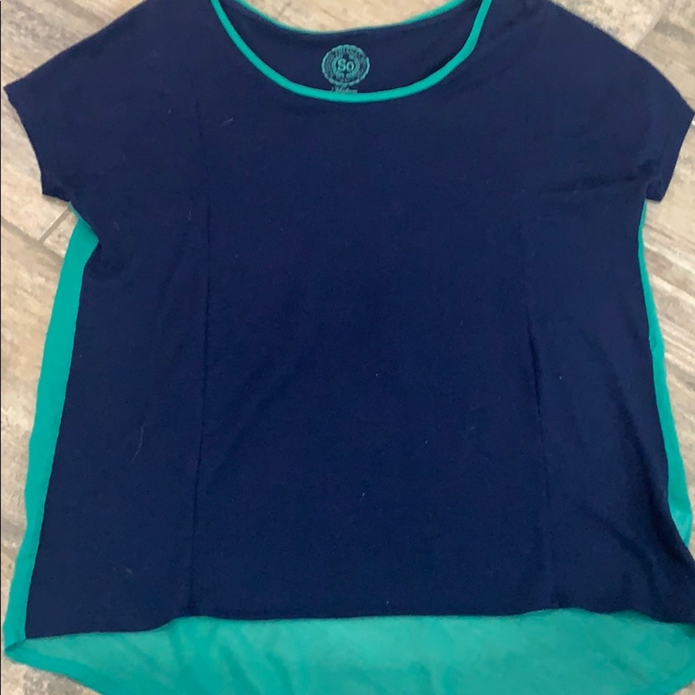 Blue/ green shirt. Front- cloth, back- see through